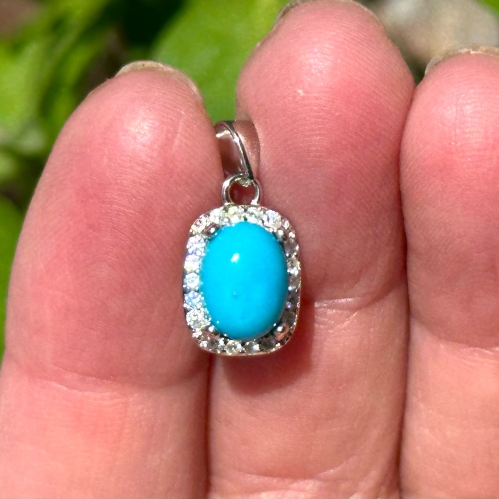 Turquoise Halo Pendant, CZ Accent, Sterling Silver, BRAND NEW